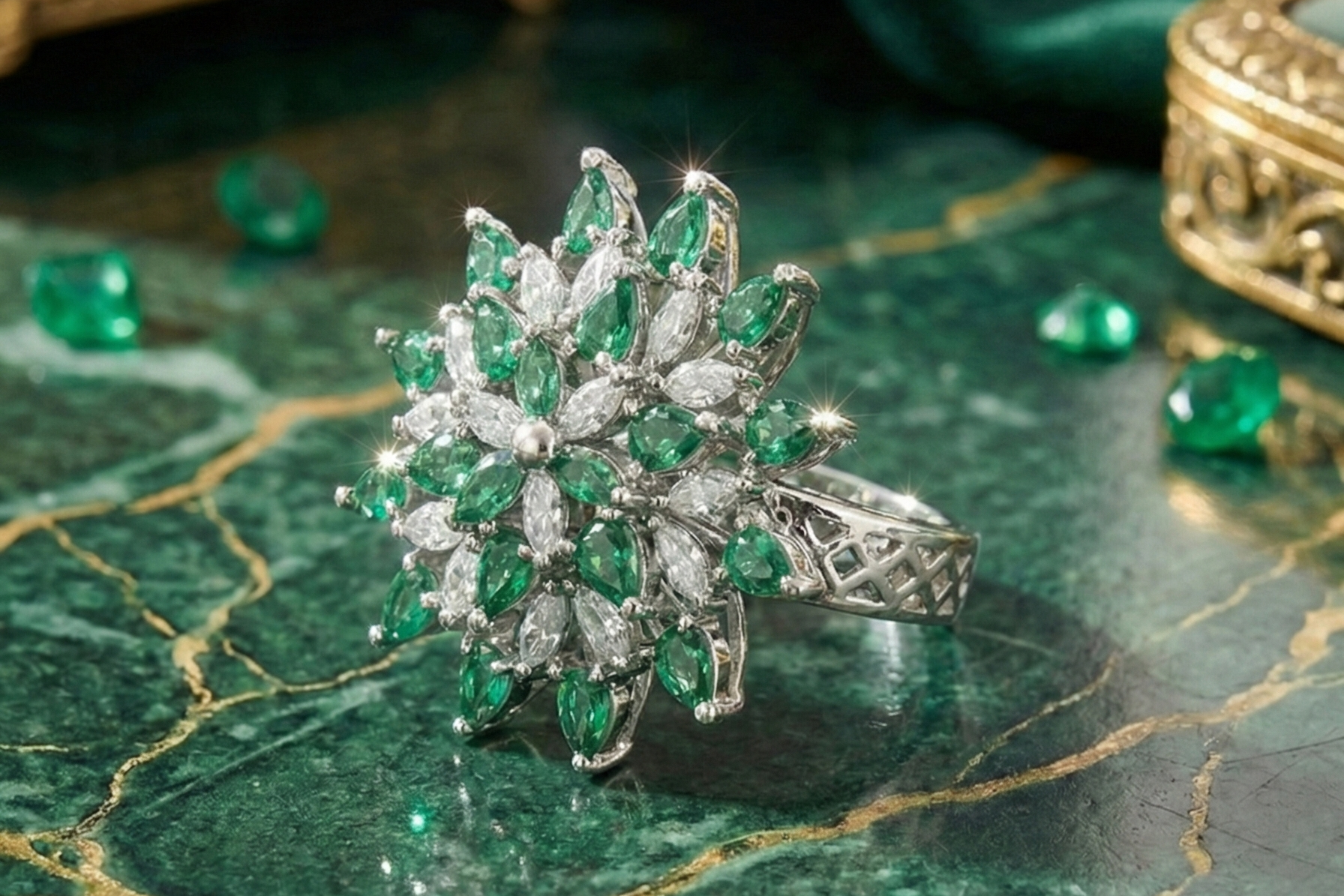 925 Sterling Silver Royal Emerald Starburst Adjustable Cocktail Ring