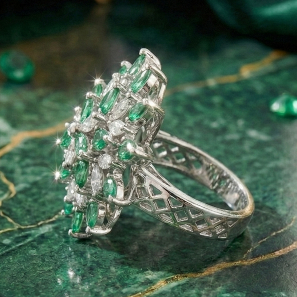 925 Sterling Silver Royal Emerald Starburst Adjustable Cocktail Ring