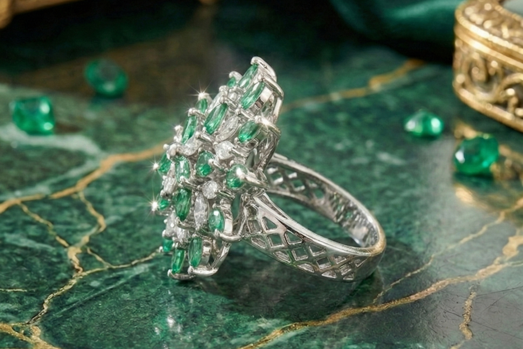 925 Sterling Silver Royal Emerald Starburst Adjustable Cocktail Ring