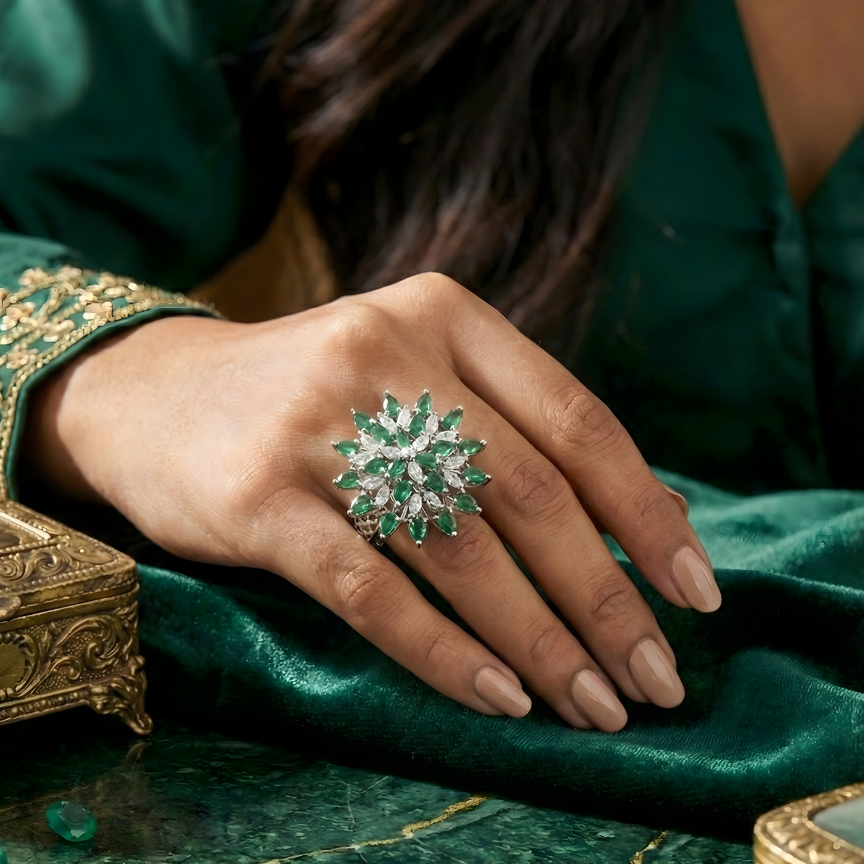 925 Sterling Silver Royal Emerald Starburst Adjustable Cocktail Ring
