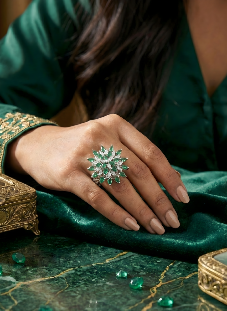 925 Sterling Silver Royal Emerald Starburst Adjustable Cocktail Ring