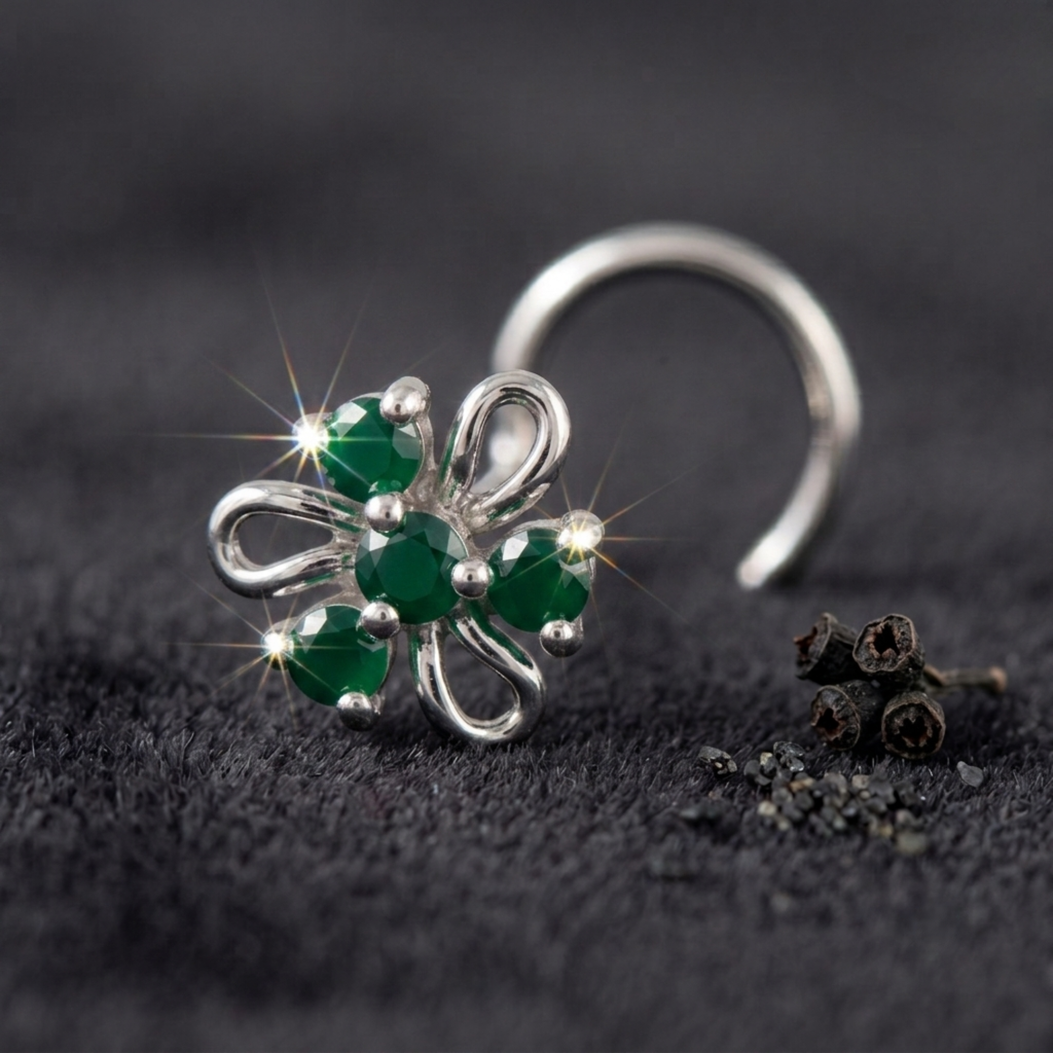 Emerald Swirl Floral Nose Pin in 925 Sterling Silver