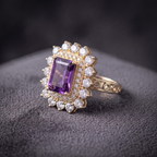 Emerald Cut Natural Amethyst Double Halo Cocktail Ring in 925 Sterling Silver