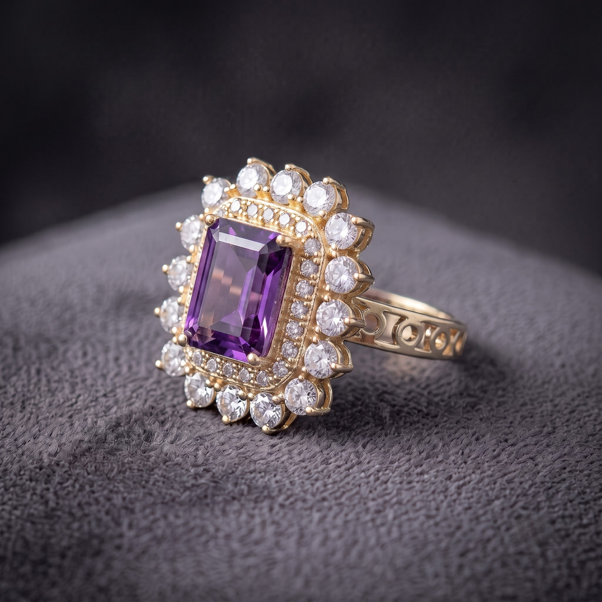 Emerald Cut Natural Amethyst Double Halo Cocktail Ring in 925 Sterling Silver