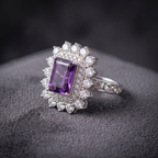 Emerald Cut Natural Amethyst Double Halo Cocktail Ring in 925 Sterling Silver