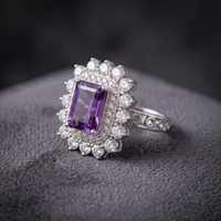 Emerald Cut Natural Amethyst Double Halo Cocktail Ring in 925 Sterling Silver