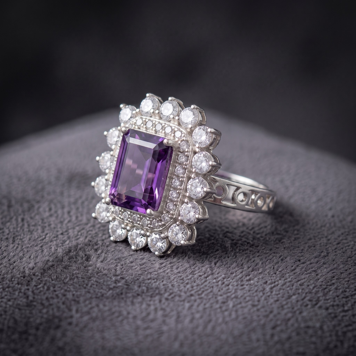 Emerald Cut Natural Amethyst Double Halo Cocktail Ring in 925 Sterling Silver