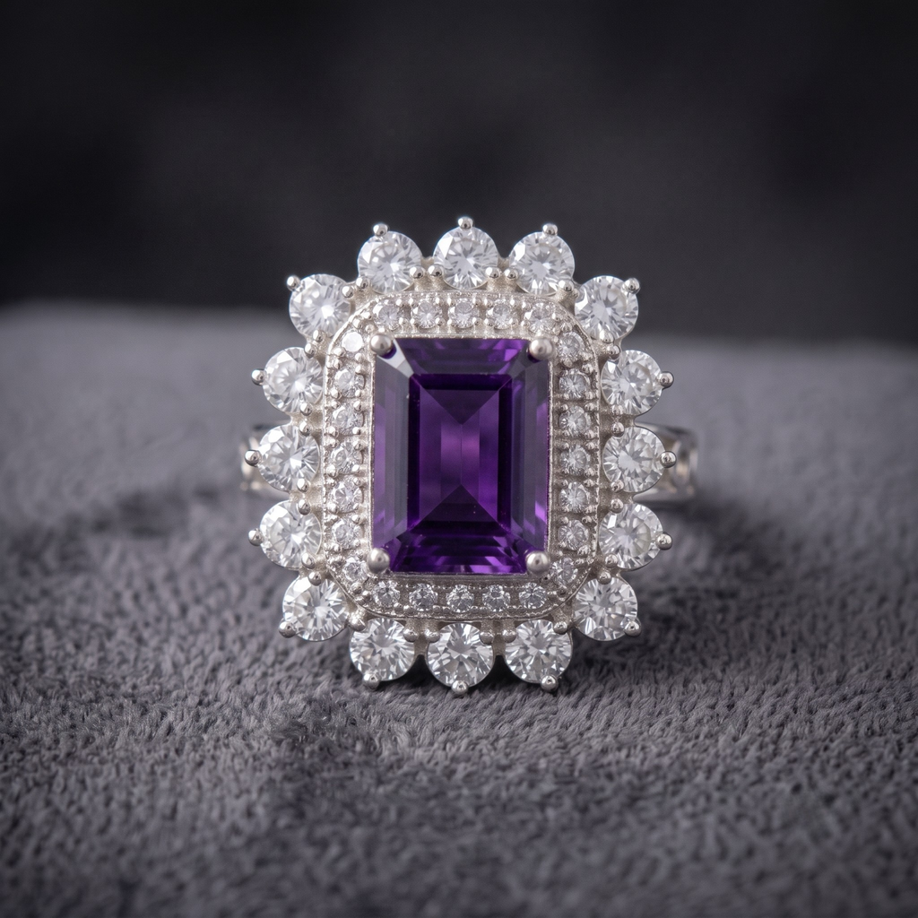Emerald Cut Natural Amethyst Double Halo Cocktail Ring in 925 Sterling Silver