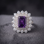 Emerald Cut Natural Amethyst Double Halo Cocktail Ring in 925 Sterling Silver
