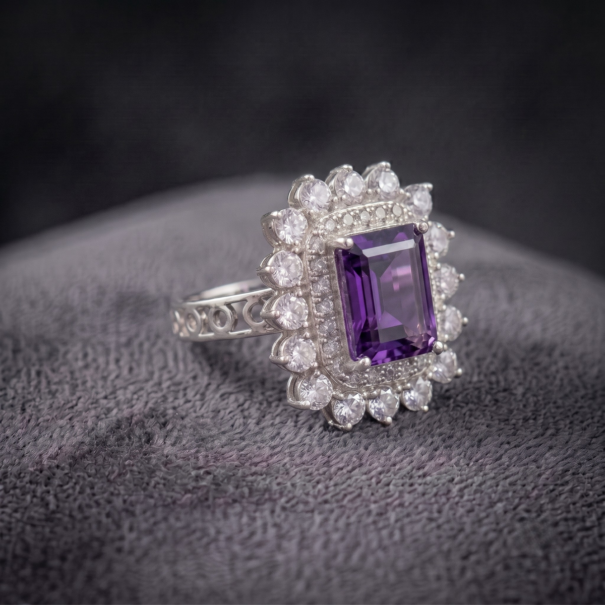 Emerald Cut Natural Amethyst Double Halo Cocktail Ring in 925 Sterling Silver
