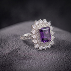 Emerald Cut Natural Amethyst Double Halo Cocktail Ring in 925 Sterling Silver