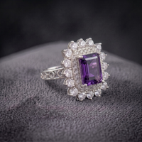 Emerald Cut Natural Amethyst Double Halo Cocktail Ring in 925 Sterling Silver