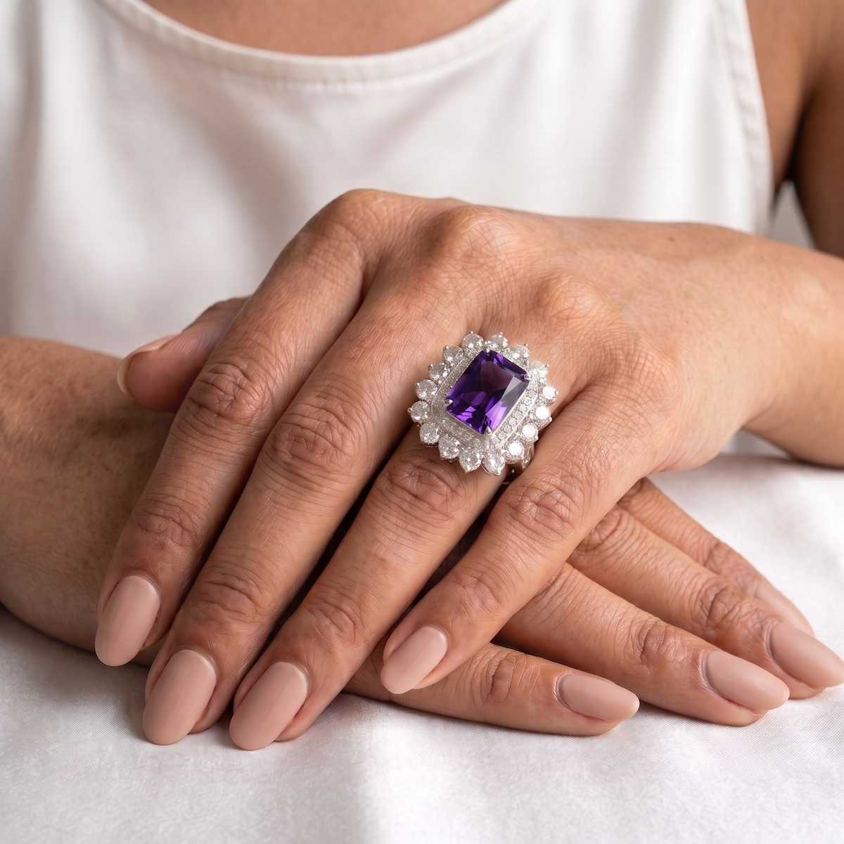 Emerald Cut Natural Amethyst Double Halo Cocktail Ring in 925 Sterling Silver