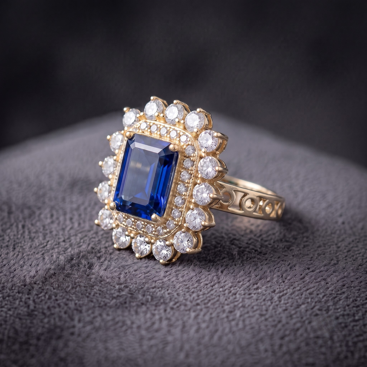 Emerald Cut Blue Sapphire Double Halo Cocktail Ring in 925 Sterling Silver