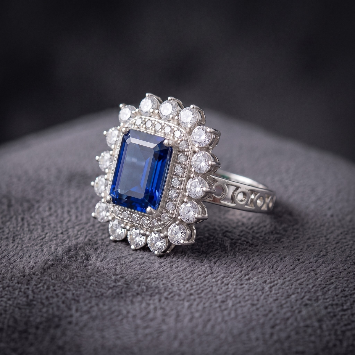 Emerald Cut Blue Sapphire Double Halo Cocktail Ring in 925 Sterling Silver