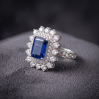 Emerald Cut Blue Sapphire Double Halo Cocktail Ring in 925 Sterling Silver