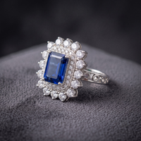 Emerald Cut Blue Sapphire Double Halo Cocktail Ring in 925 Sterling Silver