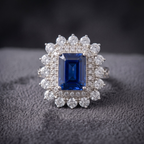 Emerald Cut Blue Sapphire Double Halo Cocktail Ring in 925 Sterling Silver