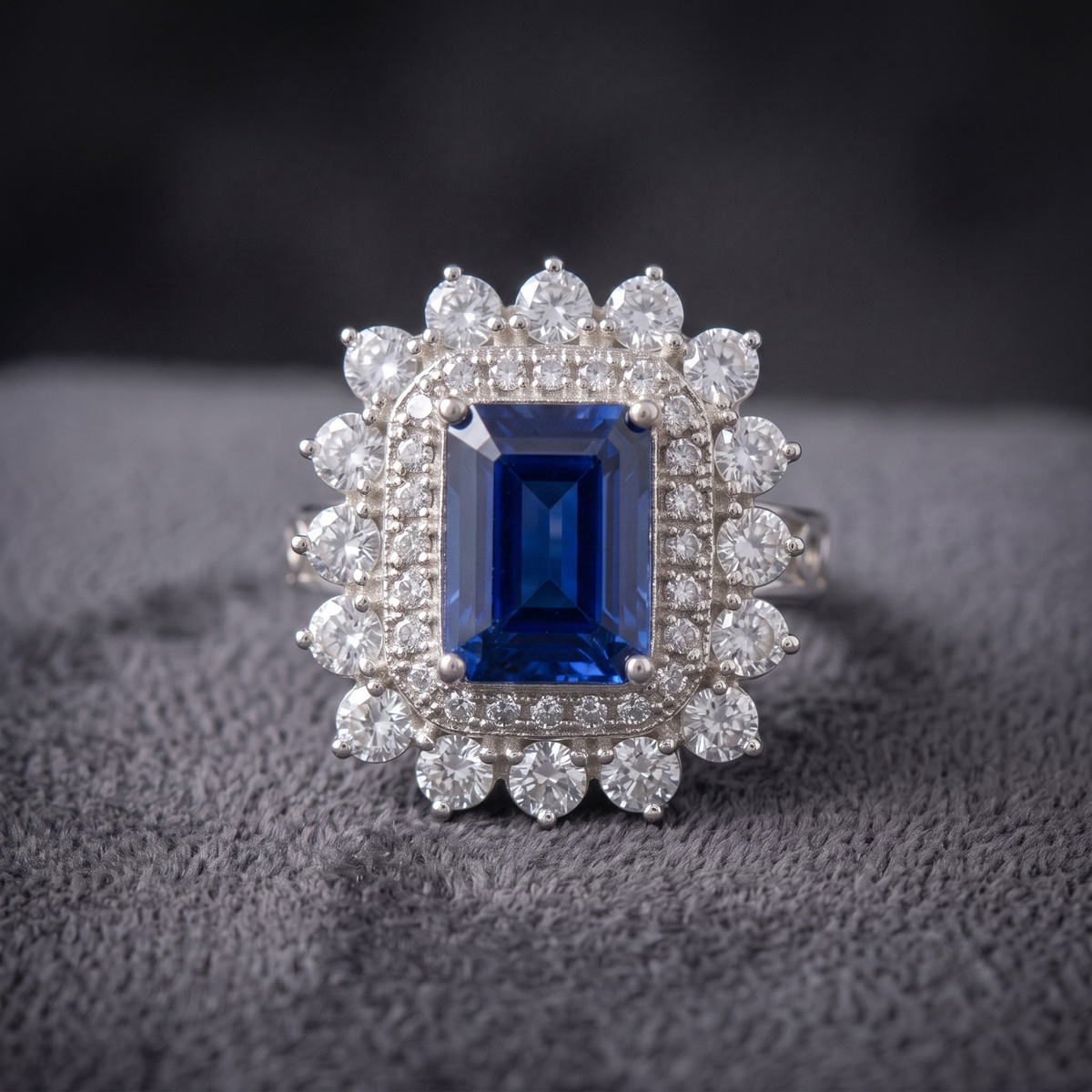 Emerald Cut Blue Sapphire Double Halo Cocktail Ring in 925 Sterling Silver