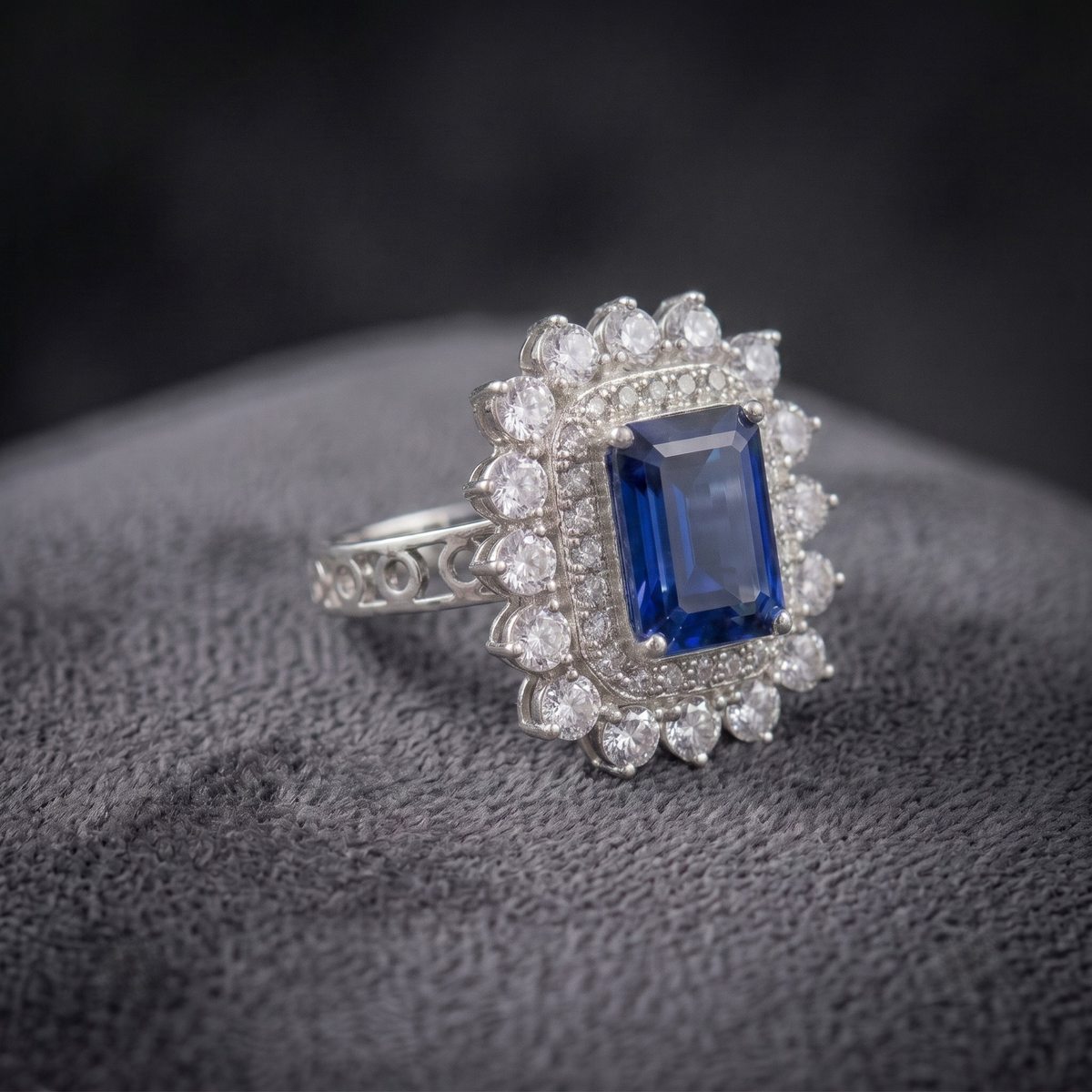 Emerald Cut Blue Sapphire Double Halo Cocktail Ring in 925 Sterling Silver