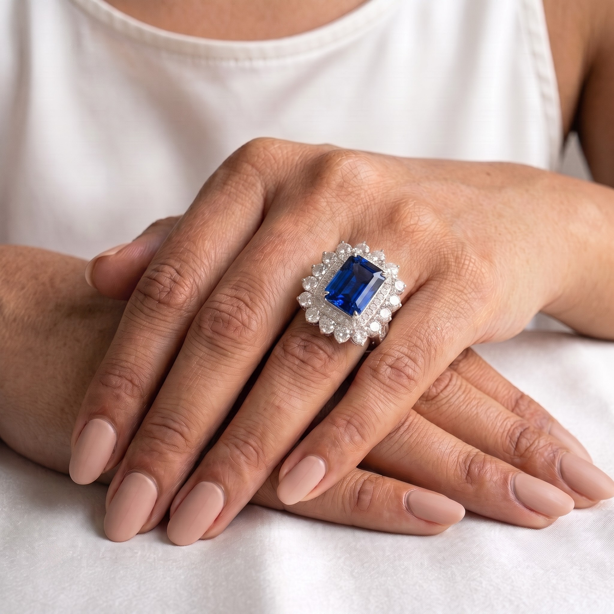 Emerald Cut Blue Sapphire Double Halo Cocktail Ring in 925 Sterling Silver
