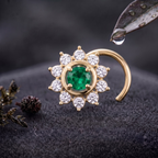Emerald Sunburst Halo Nose Pin in 925 Sterling Silver