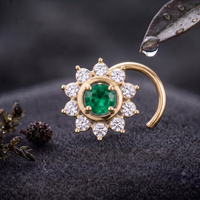 Emerald Sunburst Halo Nose Pin in 925 Sterling Silver