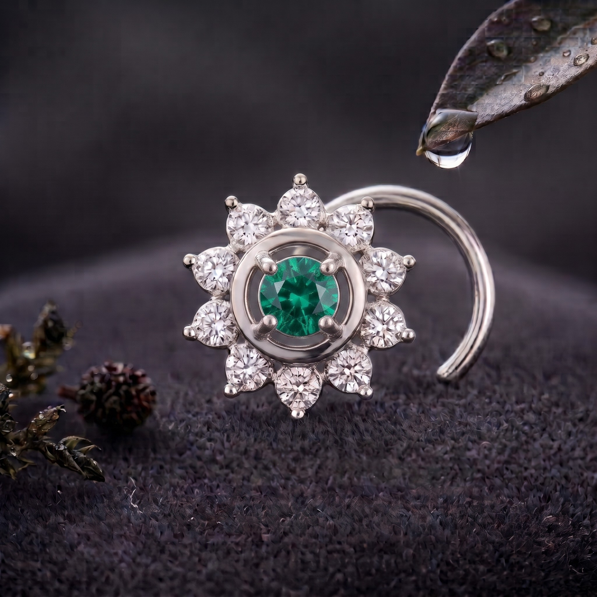 Emerald Sunburst Halo Nose Pin in 925 Sterling Silver