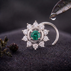 Emerald Sunburst Halo Nose Pin in 925 Sterling Silver