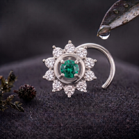 Emerald Sunburst Halo Nose Pin in 925 Sterling Silver