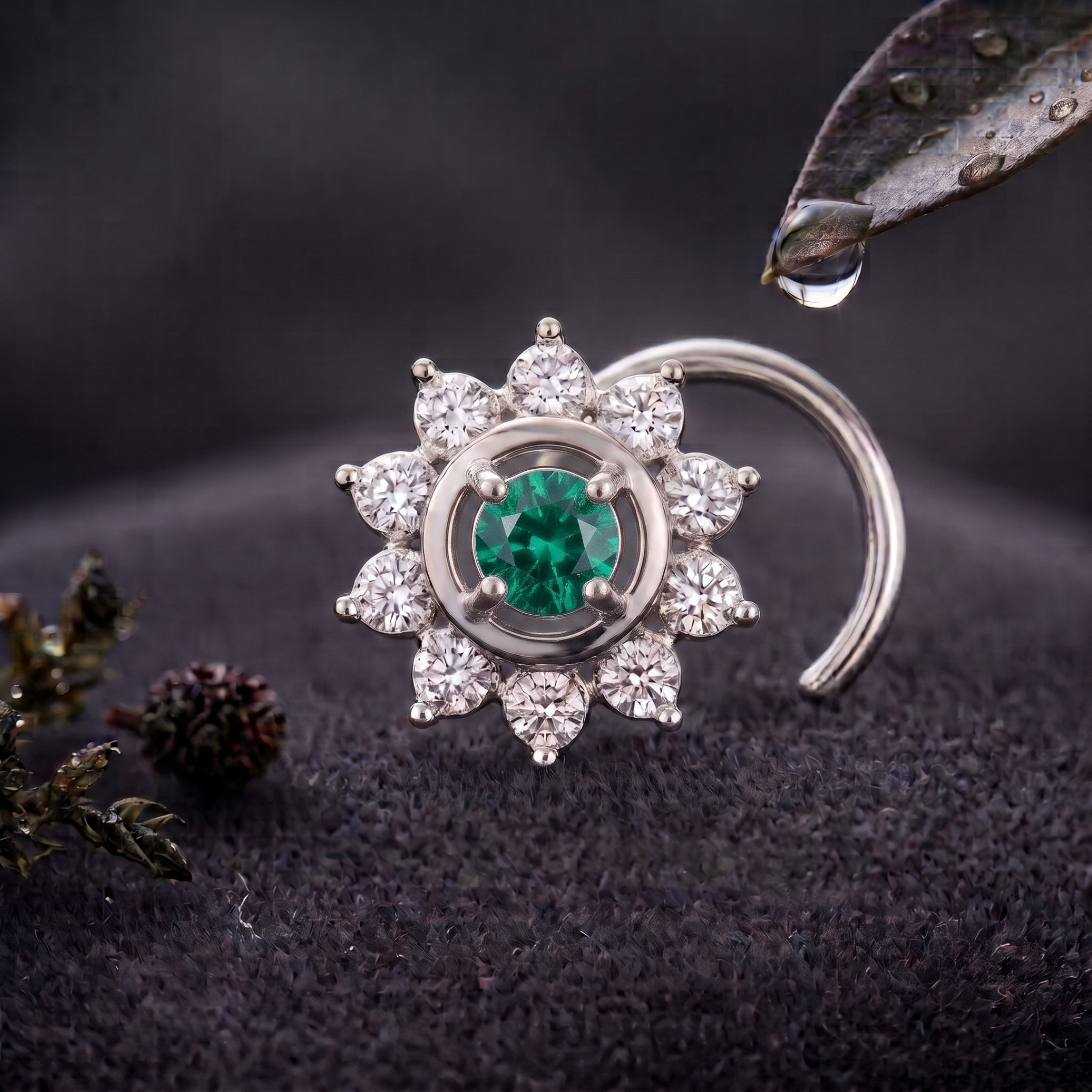 Emerald Sunburst Halo Nose Pin in 925 Sterling Silver