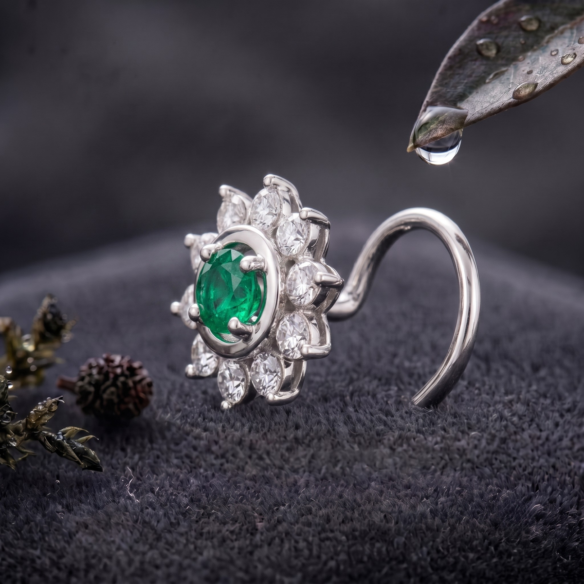 Emerald Sunburst Halo Nose Pin in 925 Sterling Silver