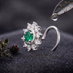 Emerald Sunburst Halo Nose Pin in 925 Sterling Silver
