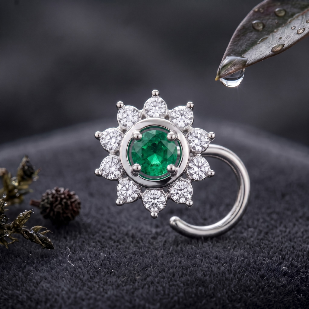 Emerald Sunburst Halo Nose Pin in 925 Sterling Silver