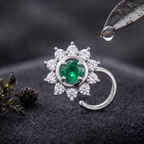 Emerald Sunburst Halo Nose Pin in 925 Sterling Silver