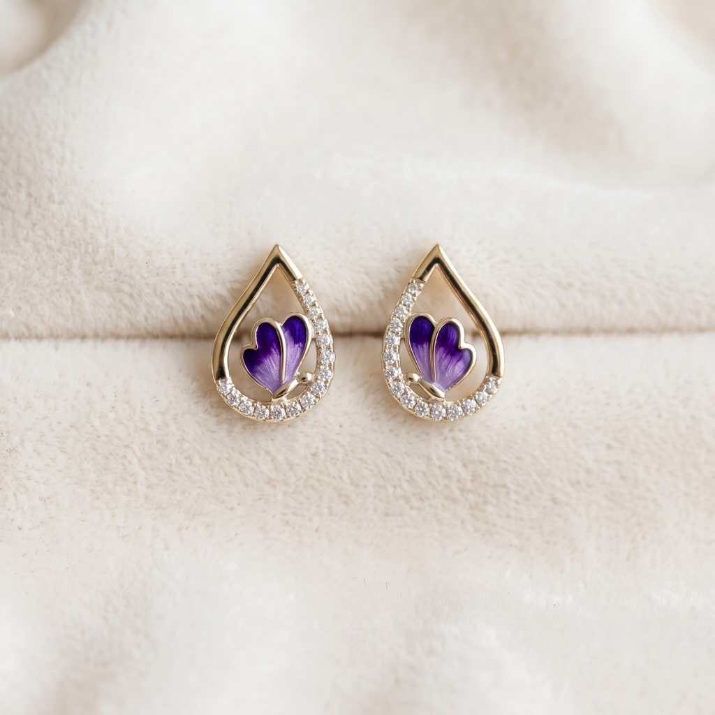 Lilac Enamel Butterfly Teardrop Studs | 925 Sterling Silver