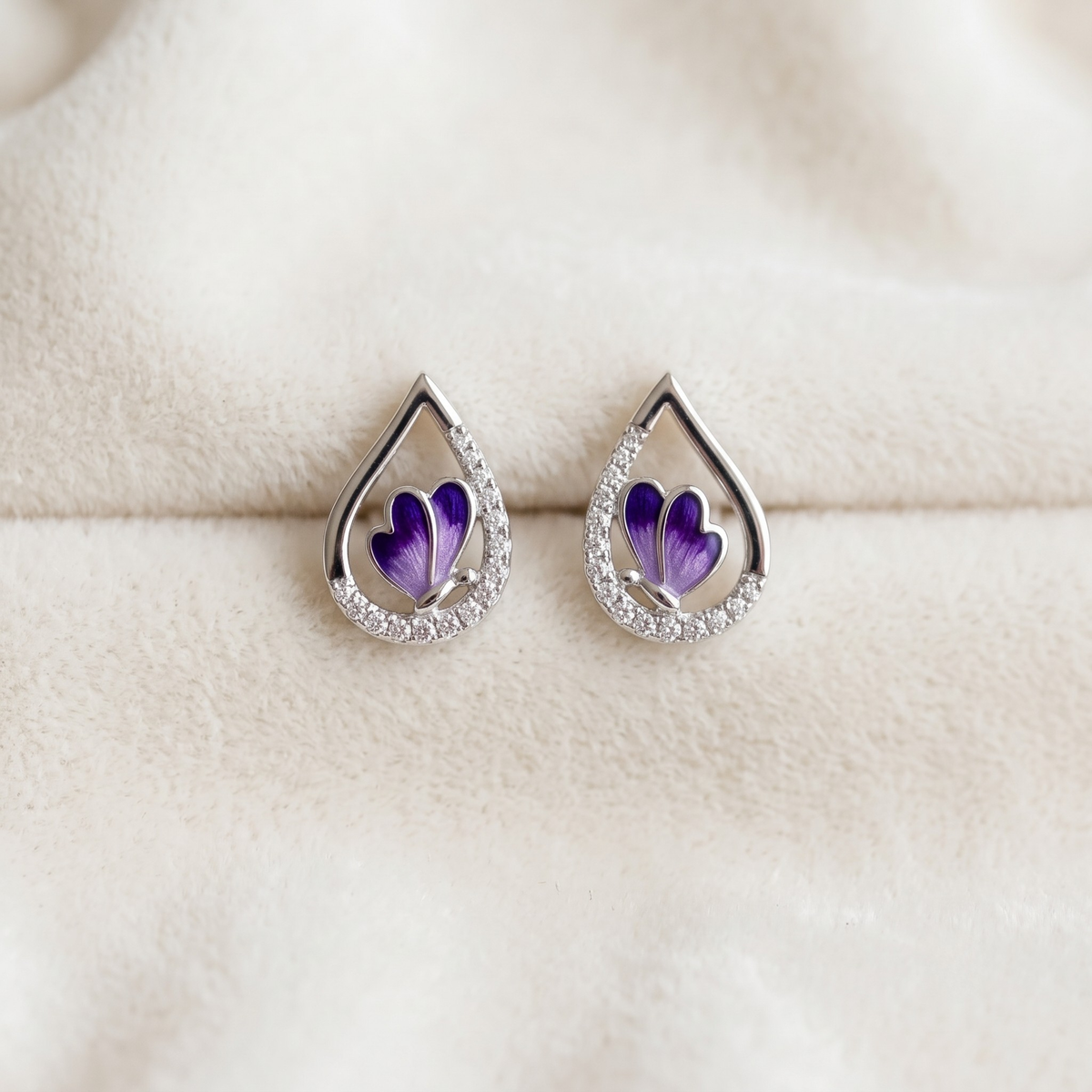 Lilac Enamel Butterfly Teardrop Studs | 925 Sterling Silver