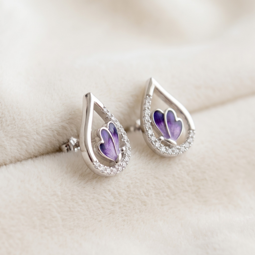 Lilac Enamel Butterfly Teardrop Studs | 925 Sterling Silver
