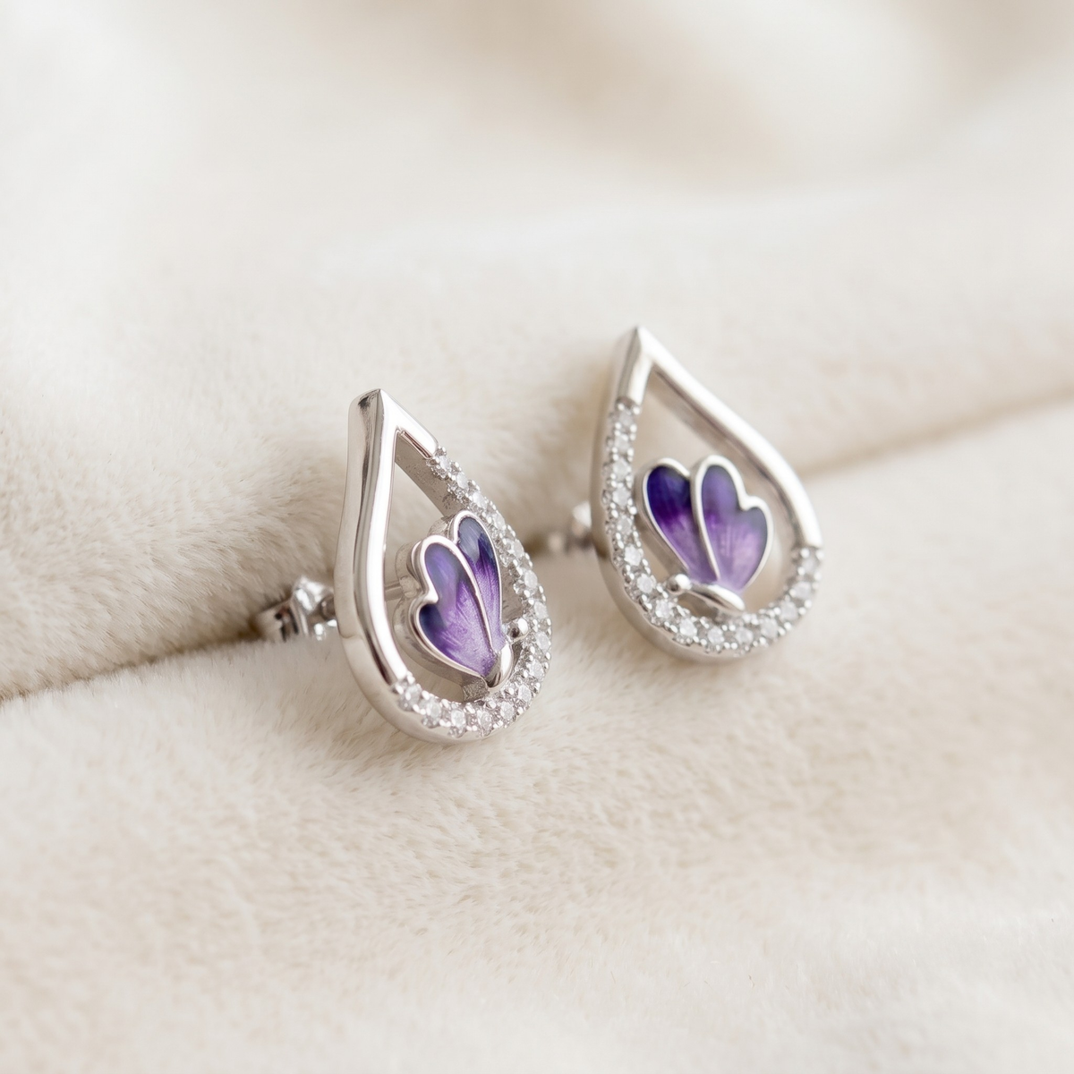 Lilac Enamel Butterfly Teardrop Studs | 925 Sterling Silver