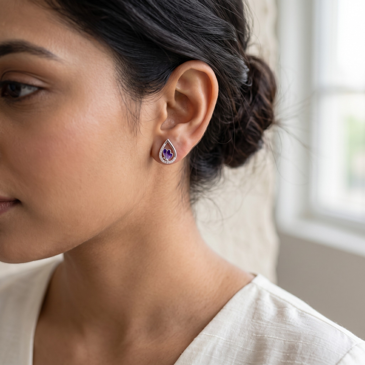 Lilac Enamel Butterfly Teardrop Studs | 925 Sterling Silver