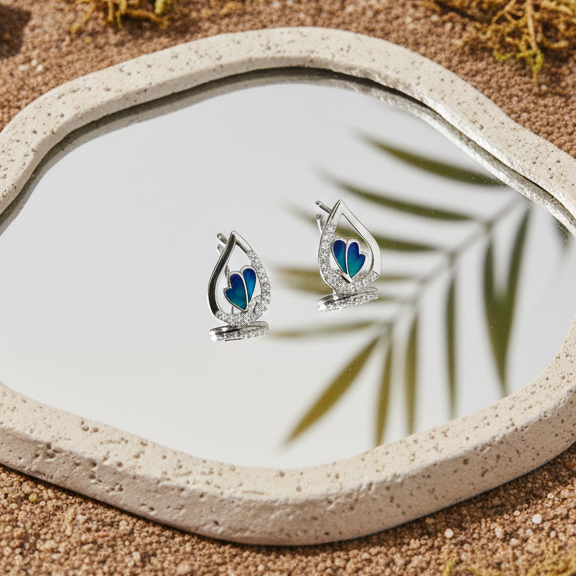 Blue Enamel Butterfly Teardrop Studs | 925 Sterling Silver