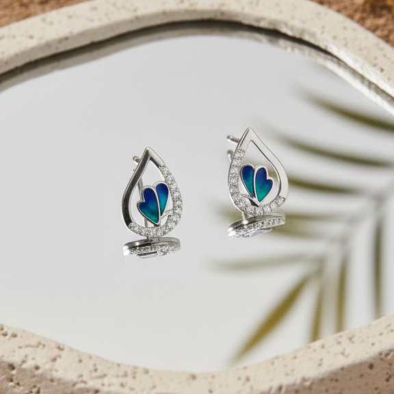 Blue Enamel Butterfly Teardrop Studs | 925 Sterling Silver