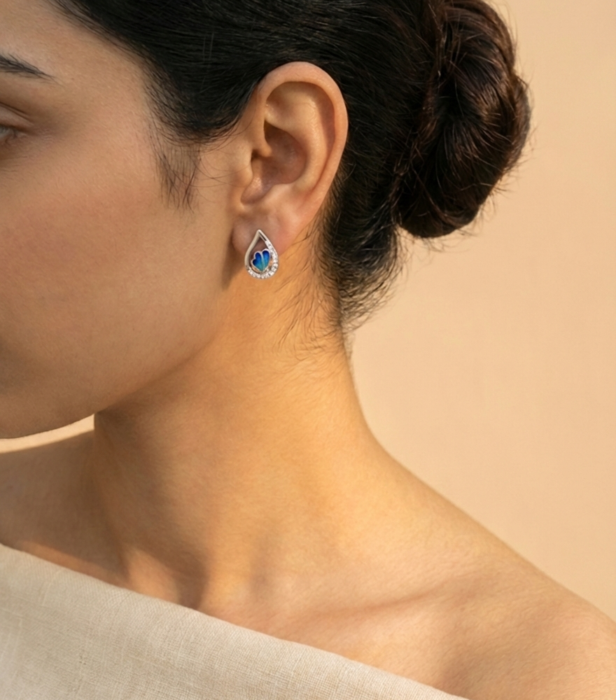 Blue Enamel Butterfly Teardrop Studs | 925 Sterling Silver
