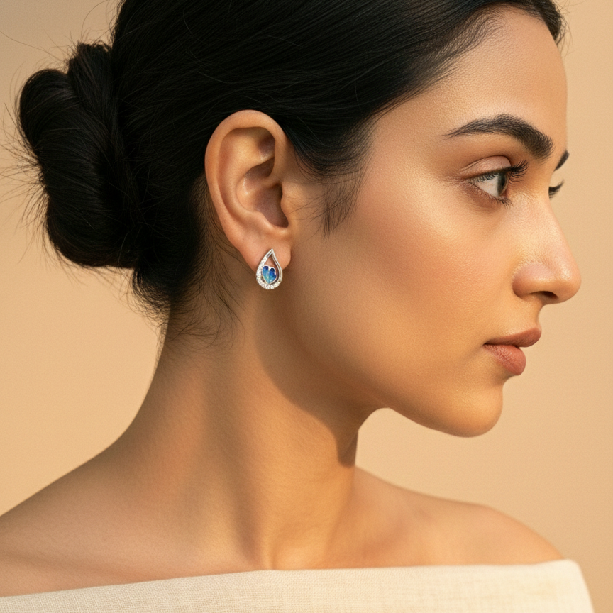 Blue Enamel Butterfly Teardrop Studs | 925 Sterling Silver