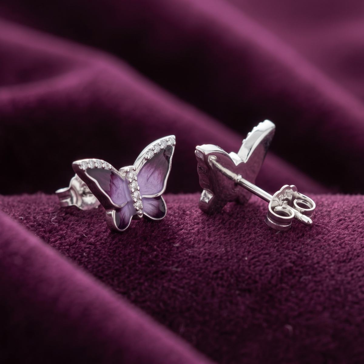 Enchanted Lilac Butterfly Enamel & CZ Studs | 925 Sterling Silver