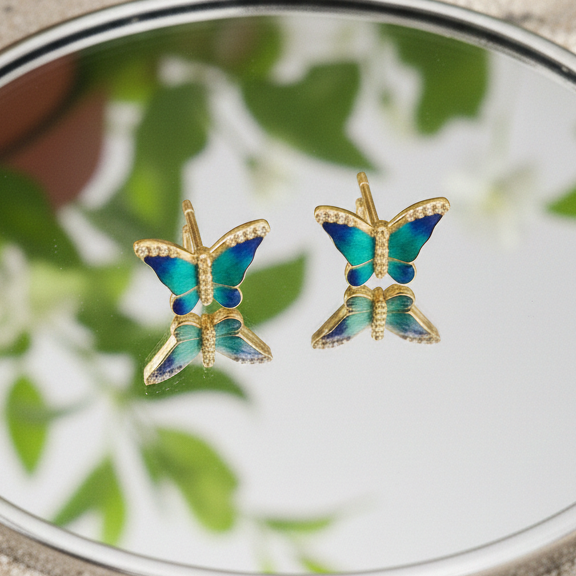 Enchanted Blue Butterfly Enamel & CZ Studs | 925 Sterling Silver