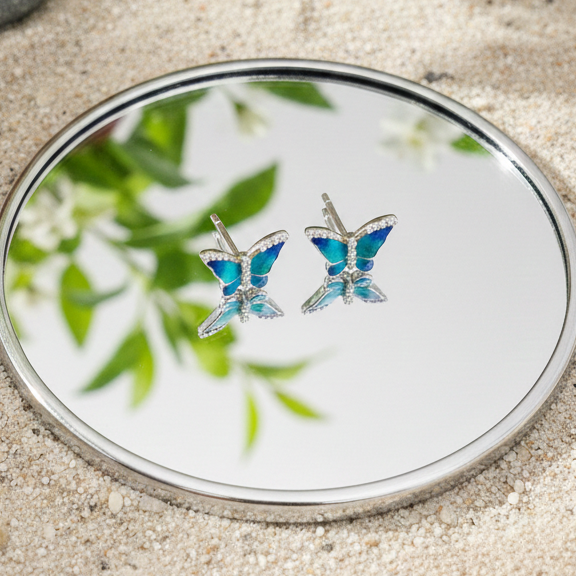 Enchanted Blue Butterfly Enamel & CZ Studs | 925 Sterling Silver
