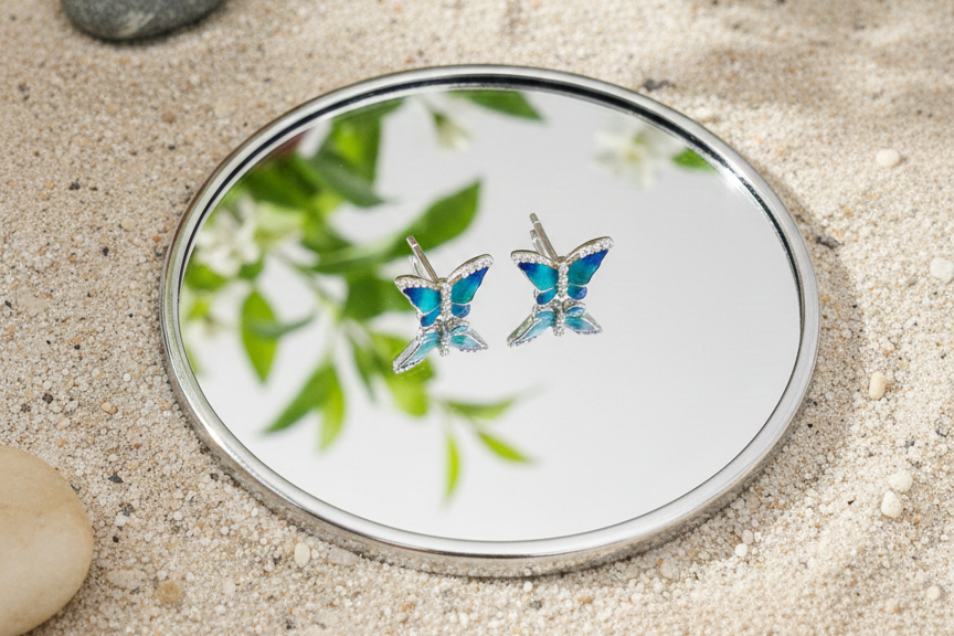 Enchanted Blue Butterfly Enamel & CZ Studs | 925 Sterling Silver
