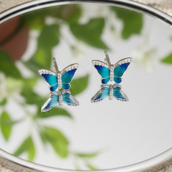 Enchanted Blue Butterfly Enamel & CZ Studs | 925 Sterling Silver