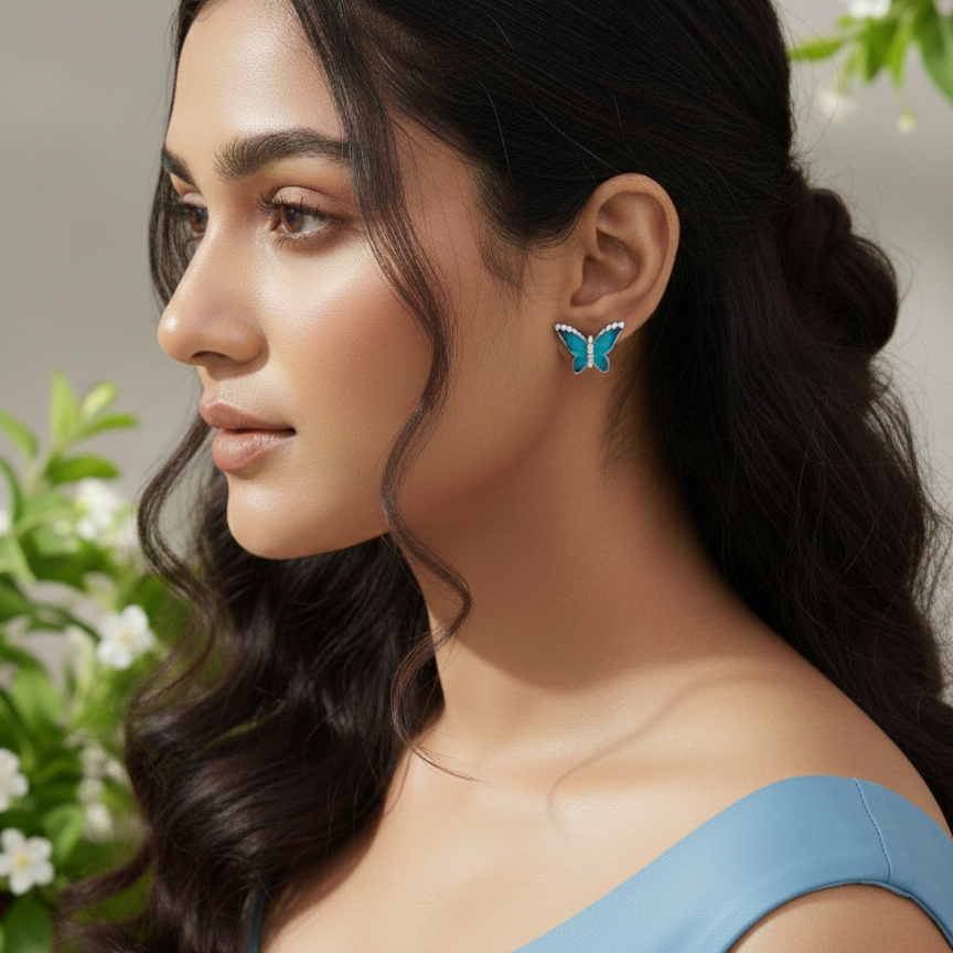 Enchanted Blue Butterfly Enamel & CZ Studs | 925 Sterling Silver